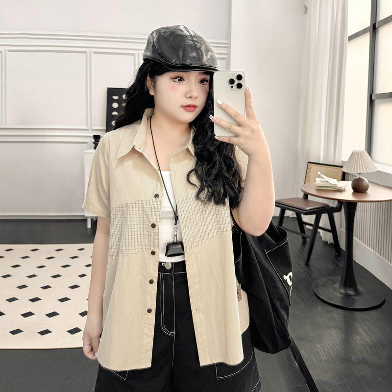 

Plus size women clothing [Street Retro Shirts] Simple Casual Summer Chubby Girl Loose Plaid Patchwork Short sleeve Shirt