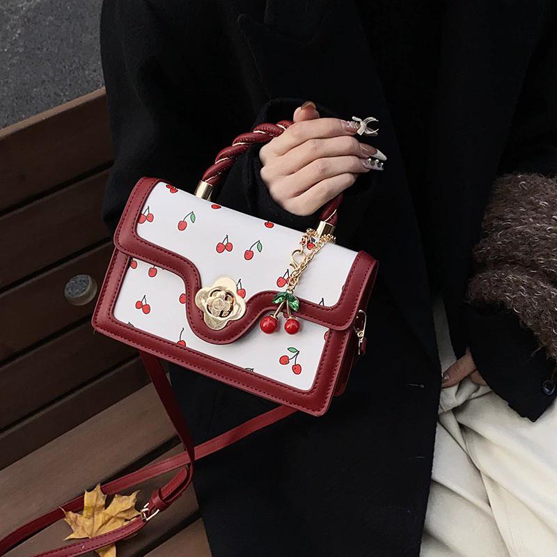 Bolso Cuadrado Cereza para Mujer Cuero PU Cereza Dulce Bolso Bandolera Correa Ajustable Sling Señoras Bolsos de Mano Pequeños para Exterior