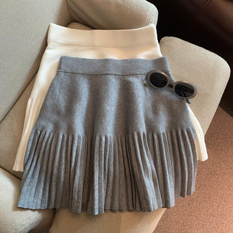 Grey High-Waisted Pleated A-Line Skirt for Women - Autumn White Short Style