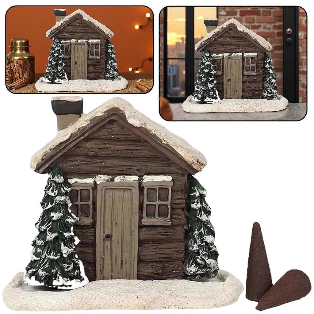 Log Cabin Incense Burner Christmas Resin Snowy House Miniature Ornaments Rustic Chimney Fragrance Burner Gift