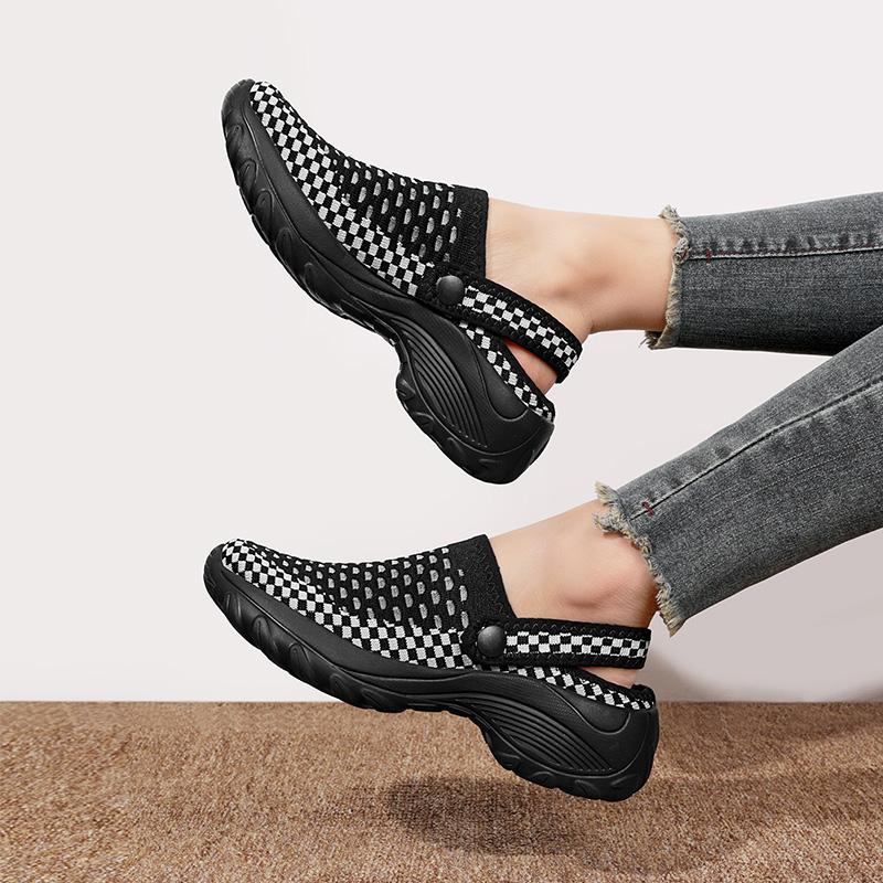 Women Round-toe Half Slippers Breathable Mesh 2 in 1 Slippers Ladies Elastic Casual Walking Shoes Lightweight Slip-ons