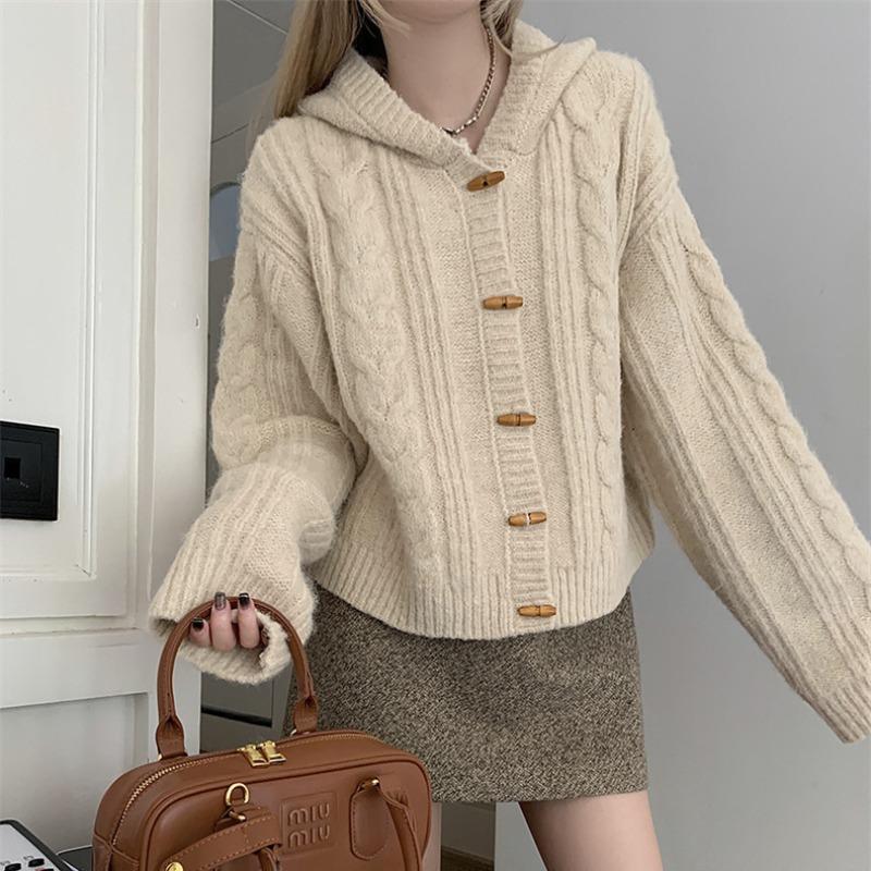 Retro twist hooded knitted cardigan top women's autumn and winter new loose lazy style solid color sweater jacket