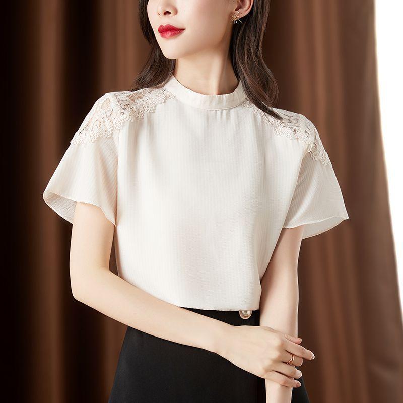 Chic Chinese Style Summer Blouse Womens Lace Short Sleeve Casual Fashion Chiffon Top