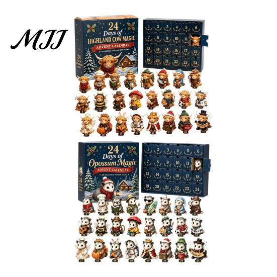 Calendario dell'Avvento Sorprendente di 24 Giorni con Mucche Scozzesi Magiche, Collezioni Uniche di Mini Figure Ornamentali in Stile Retrò, Decorazioni Natalizie per la Casa di Campagna, Natale
