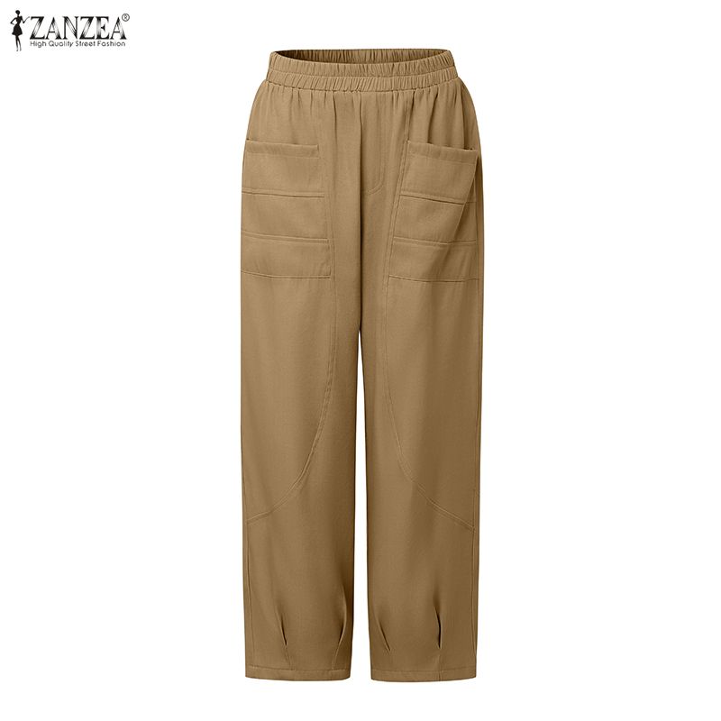 ZANZEA Women Casual Elastic Waist Loose Summer Croppe Pants