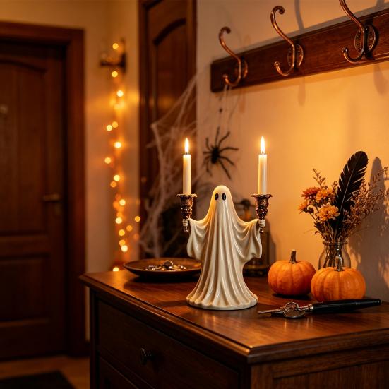 Cute Ghost Figurine Candle Holder for Halloween, Resin Tealight Candlestick, Taper Halloween Decoration Home Table Decor & Spooky Atmosphere Accessory