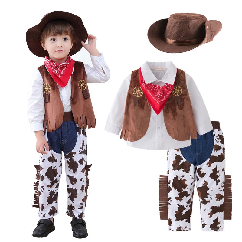 For Baby Boys Western Cowboy Romper Sets with Scarf and Hat Toddler Carnival Fancy Dress Cosplay Party Costume Infant Outfit