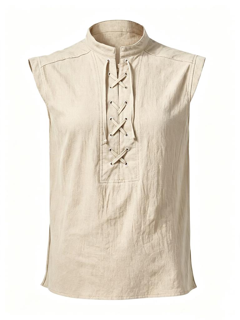 Camisa sin mangas para hombre de color verde oliva con cuello mandarín, cordones y ojales metálicos - Top para vacaciones de verano en la playa