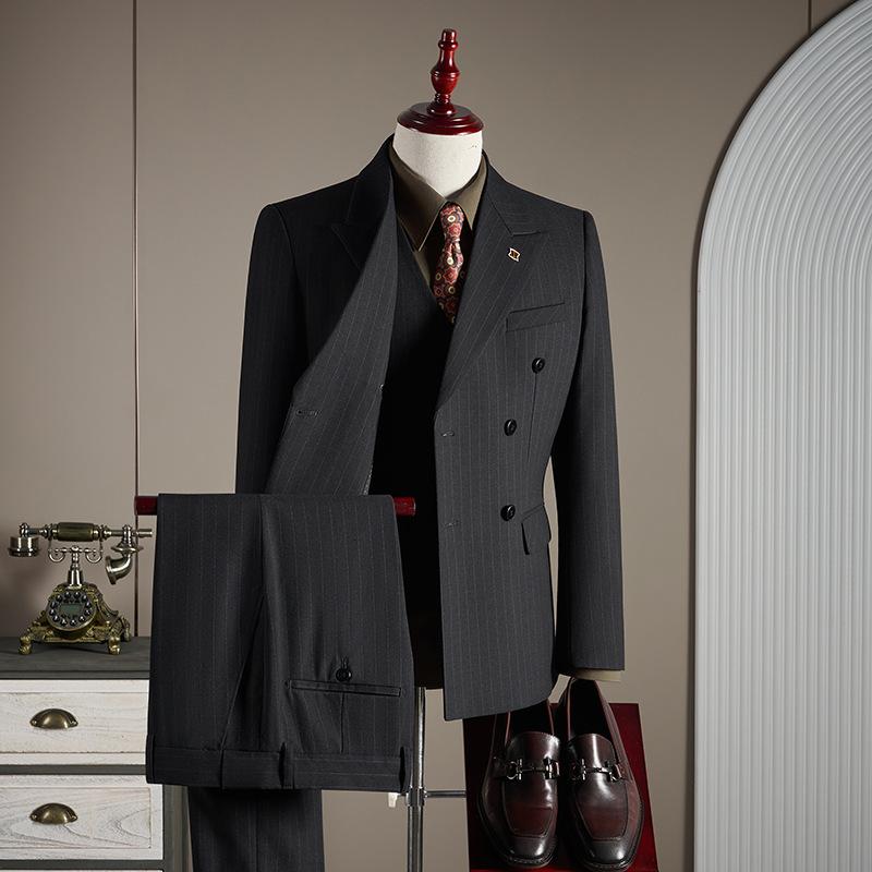 Men's Striped Suit Three-piece Suit, High-quality Double-breasted Suit, Bow-neck Business High-definition Western Suit
