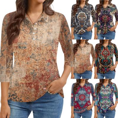 Women's Fashion Casual Lapel Short 3/4 Sleeve Print Shirt Women's Button Up Tops
