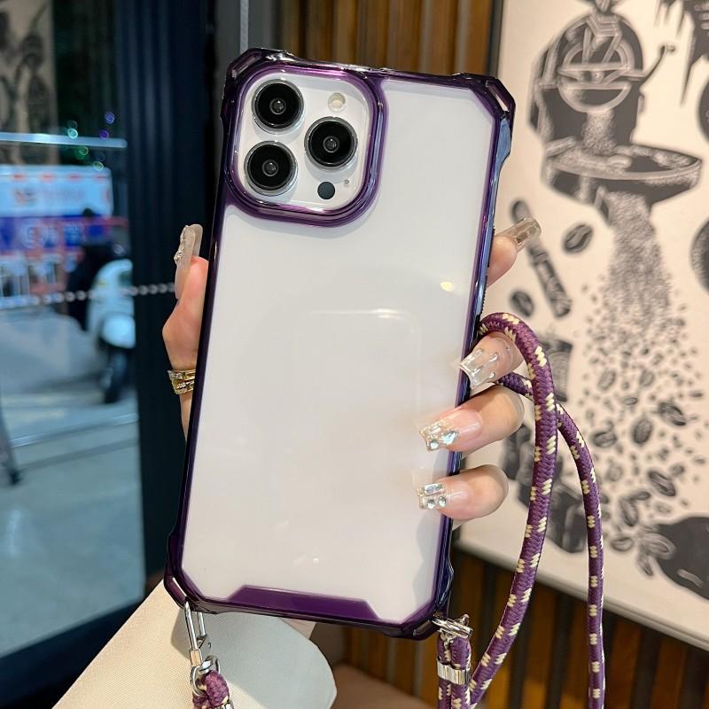 Lanyard Transparent Case For iPhone 15 Pro 14 13 12 11 Pro Max XR X XS Plus Crossbody Cord Four Corners Strap Shockproof Cover