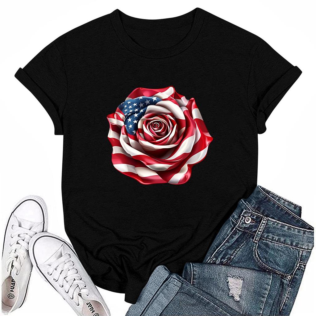 Adults Casual Daily Round Neck Independence Day Printed Short Sleeved T-shirt Letter Top