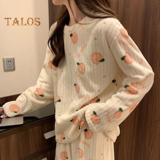 Ensemble de pyjama d'hiver 2 pièces pour femme, col rond, motif ours et pêche, manches longues, polaire corail, vêtements d'intérieur, haut et pantalon, vêtements de détente amples pour femme