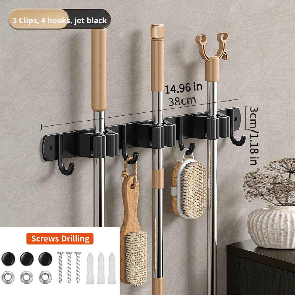 Stainless Steel Wall Mounted Mop Holder Organizer Rack with Hooks Drill-Free Bathroom Broom Storage Clip Heavy Duty Rack