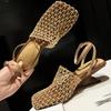 Weave Mesh Women Heeled Sandals Gladiator Hollow High Heels Shoes 2026 Summer Square Toe Slingback Trend Beach Vacation Footwear