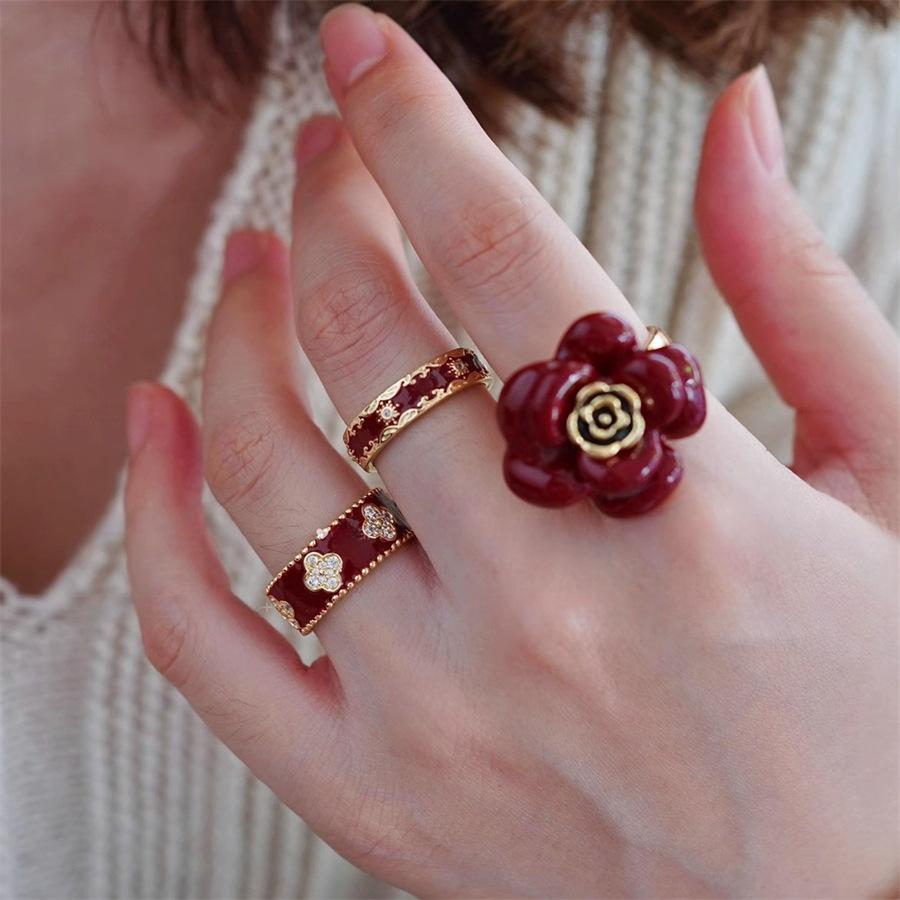 New Year's Ankara Red Drop Glaze Rose Flower Ring Delicate Light Luxury Clover Open Ring