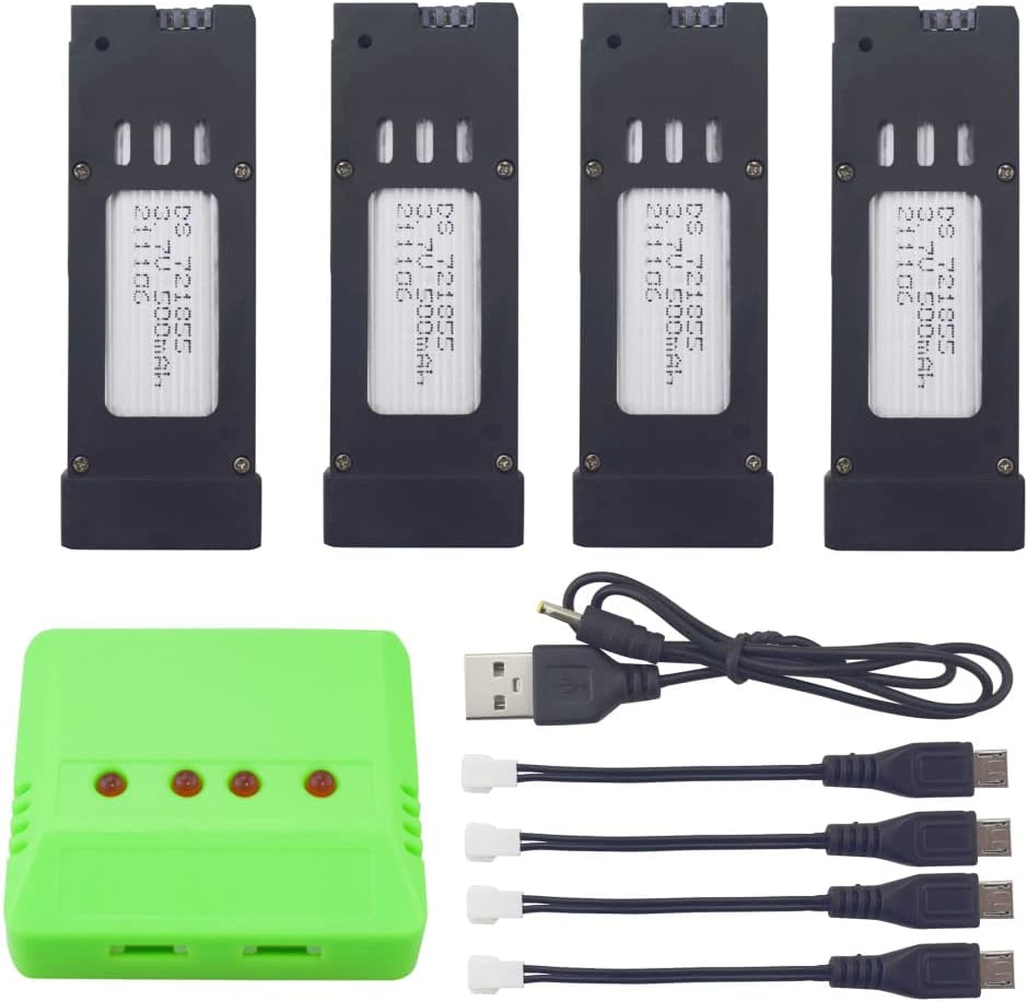 Lot de 4 batteries LiPo 3,7V 500mAh avec chargeur USB 4-en-1 – Kit d'alimentation à charge rapide pour drones et quadcoptères RC E58, S168, JY019