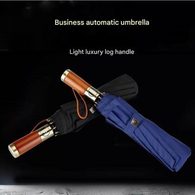 High-end Solid Wood Short Handle Umbrella Fully Automatic Reinforced Windproof Rainproof Enlarge Business Advertising Umbrella
