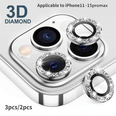 3 Stück/2 Stück Bling Diamond Kameraobjektivschutz für iPhone 11 -15 Pro Max Metallringobjektiv gehärteter Glasfilm