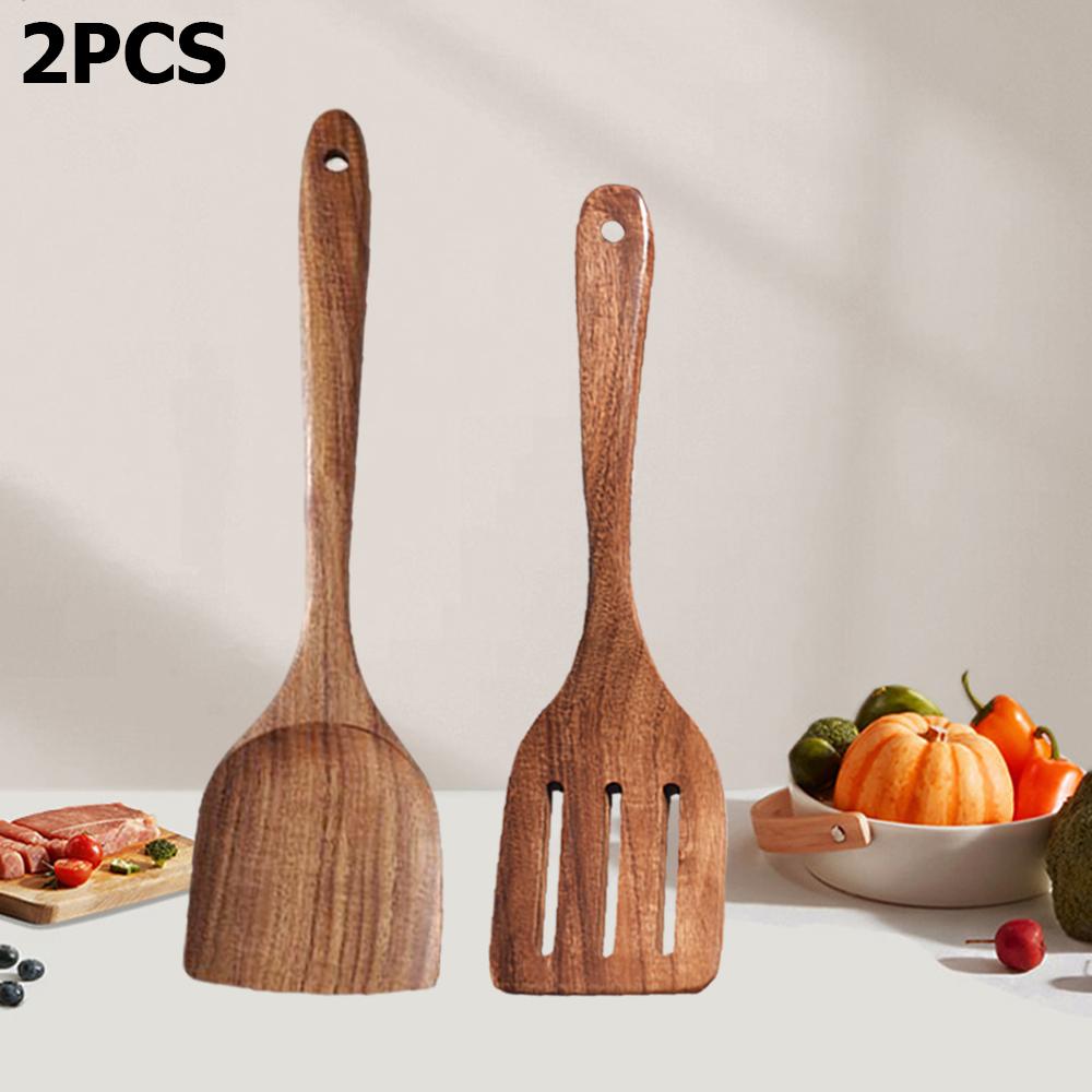 2pcs Wooden Spatulas Nonstick Cookware Long Handle Flat Frying Spatulas Flipper for Pancake Fish Egg Ideal for Kitchen Cooking