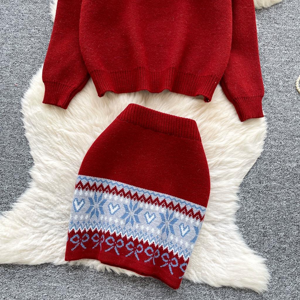 Autumn Winter Women Vintage Jacquard Knitted Sweater Two Piece Set Single Breasted Cardigans Tops and Mini Short Sheath Skirt Suit