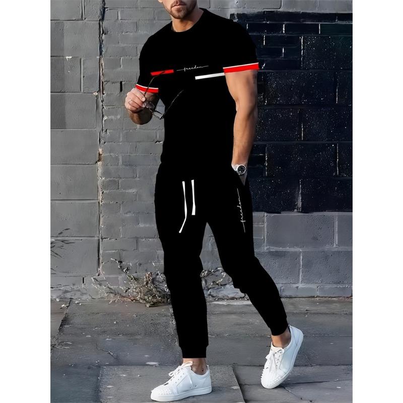 Letter Print Men's Autumn Warm Suit, Black And Brown Short-sleeved Top + Long Pants, Fashionable And Casual Two-piece Set