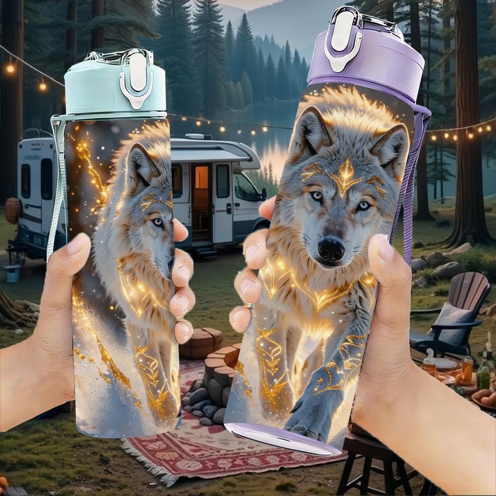 1 Pezzo Busto Testa di Lupo Dorato Luminoso 750ml Bottiglia d'Acqua in Plastica Colorata Tappo Flip a Cannuccia Anti-perdita Per Sport Ufficio Uso Domestico