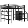 Hochbett 140*200cm, Dreistufiges Lagerregal, Schreibtisch, Kleiderschrank, Sicherheitsleiter mit Stauraum, Hohes Geländerdesign, Eisenbett, Einzelbett, Schwarz