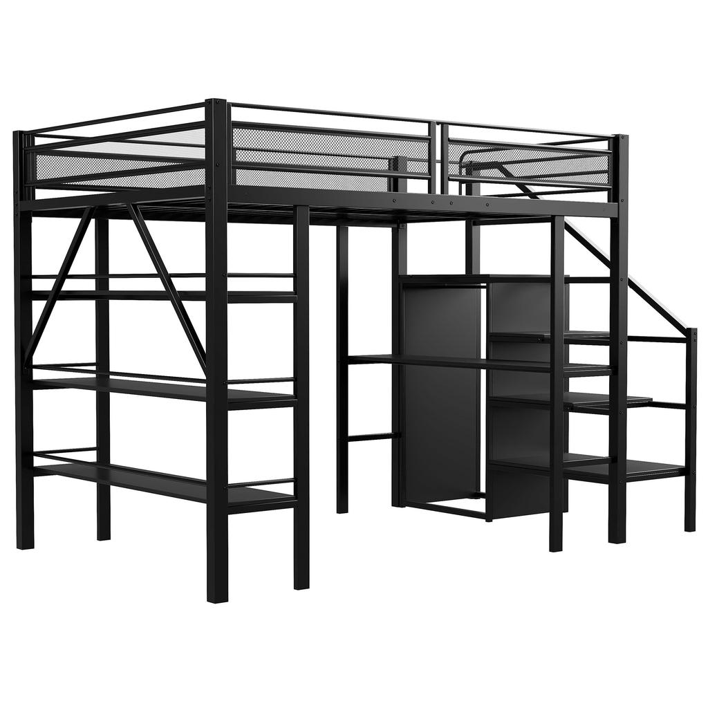 Hochbett 140*200cm, Dreistufiges Lagerregal, Schreibtisch, Kleiderschrank, Sicherheitsleiter mit Stauraum, Hohes Geländerdesign, Eisenbett, Einzelbett, Schwarz