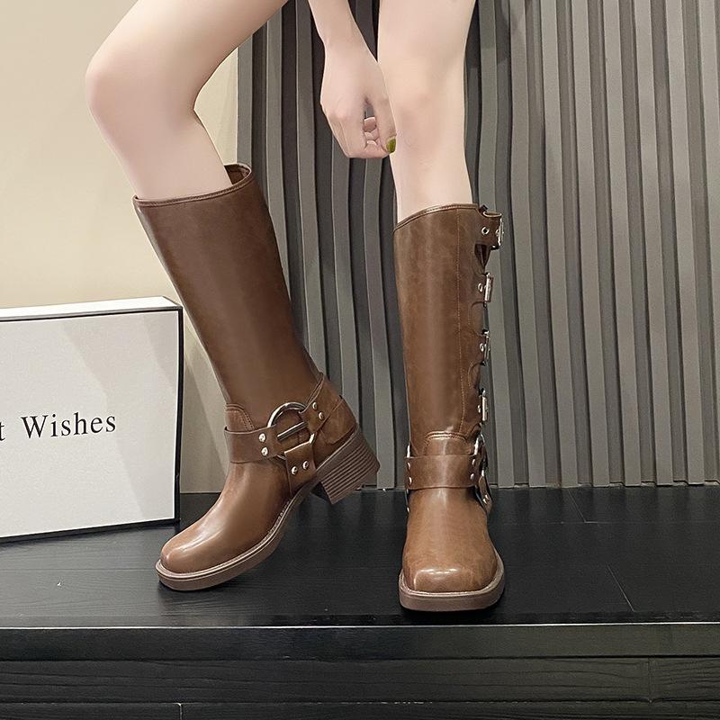 Autumn and Winter New Knight Boots Children Thick Heel Round Head Belt Buckle Medium Leather Boots Fashionable Retro Brown Denim Boots