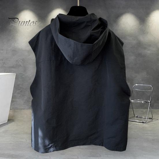 Men Summer Vest Hooded Zipper Half Placket Sleeveless Hip Hop Style Vest Jacket Solid Color Quick-Drying Large Pockets Waistcoat