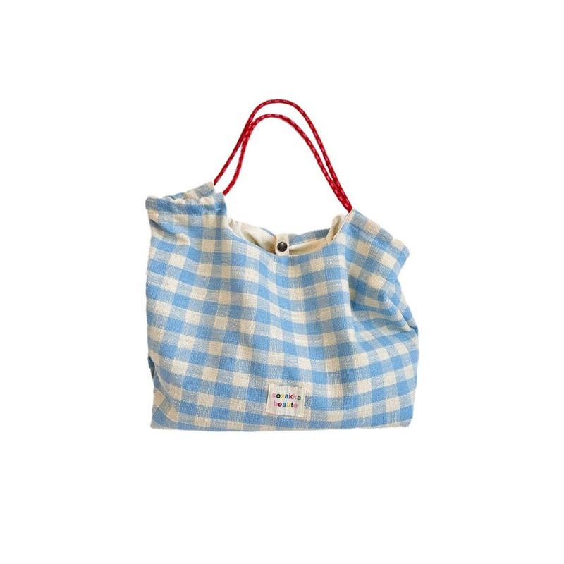 Casual Versatile Plaid Drawstring Shoulder Bag Large Capacity Tote Bag Cream Plaid Commuter Bag