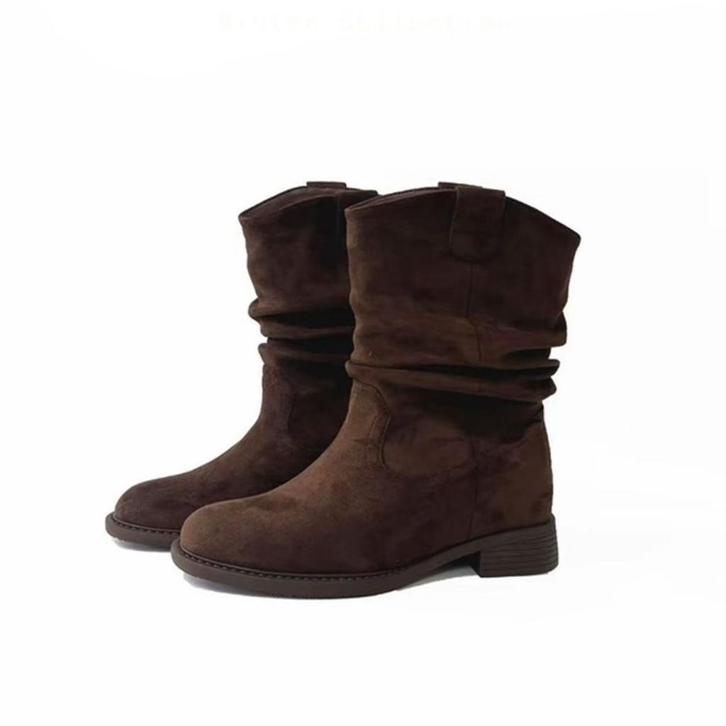 Inner Heightening Retro Wind Stacking Boots Women's Autumn and Winter New Maillard Western Cowboy Boots Knight Boots Medium Boots