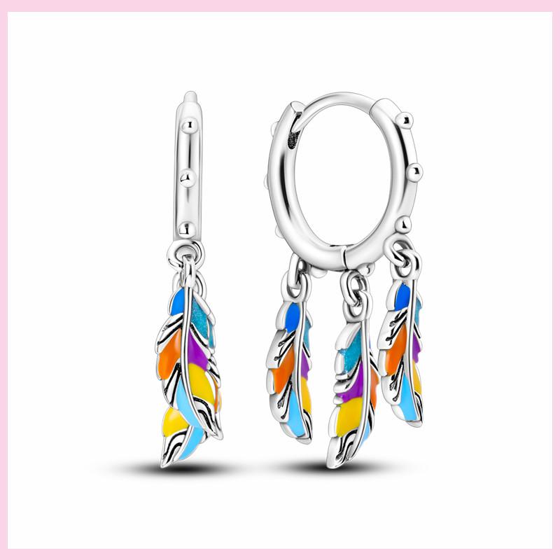 925 Silver Colorful Feathers Drop Earrings Dream Catcher Bohemia Asymmetry Dangle Earrings Original Wedding Jewelry For Women