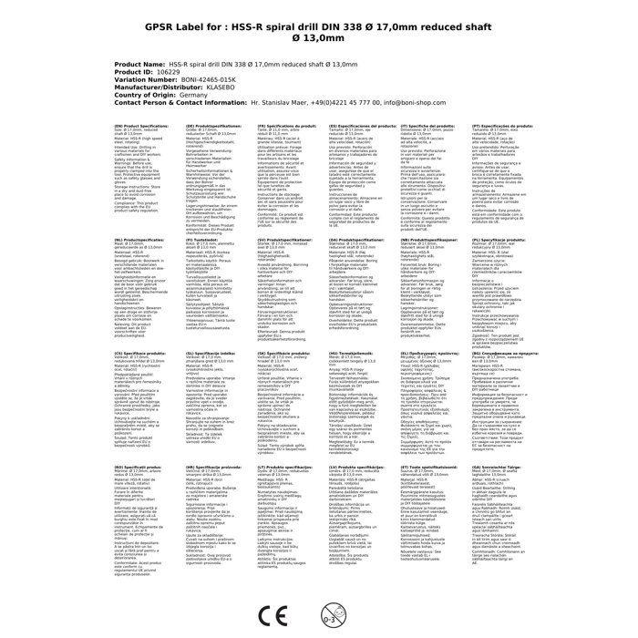 HSS-R Spiralbohrer DIN 338 Ø 17,0mm Schaft reduziert Ø 13,0mm