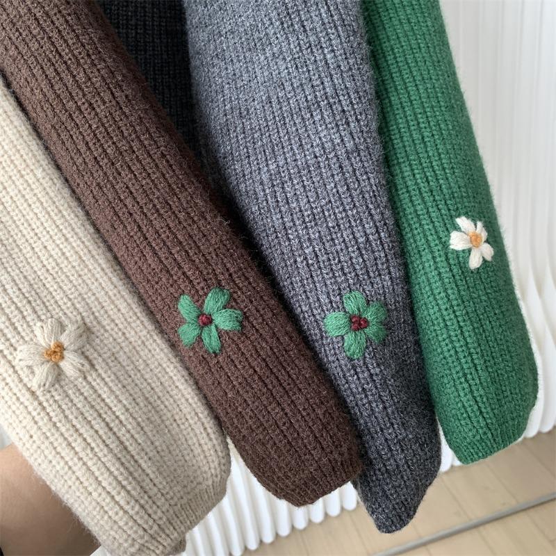 Γυναικείο Ρετρό Κεντημένο Φλοράλ Πουλόβερ για Φθινόπωρο και Χειμώνα, Χαλαρό και Άνετο Στυλ, Υψηλής Ποιότητας Κορεατικό Πλεκτό