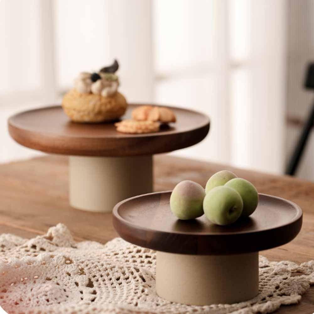 Round Wood Cake Stand Vintage Tabletop Fruit Candy Tray High Feet Fruit Plate  Party Display
