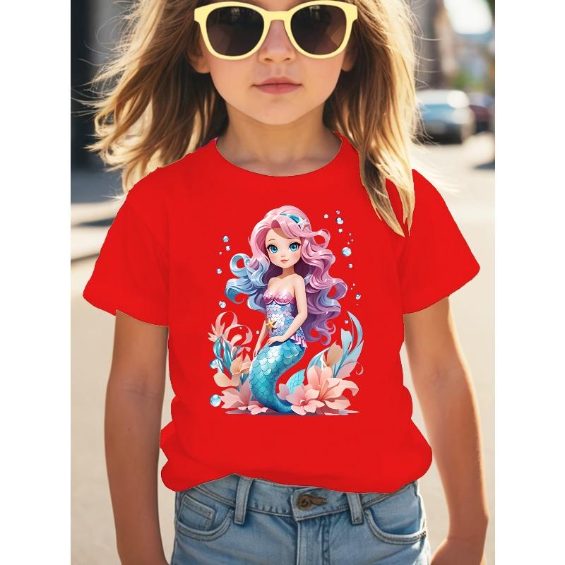 Girls Crewneck Summer Tee, Cute Cartoon Mermaid Princess Print Sweet Versatile Casual Short Sleeve Kids Top