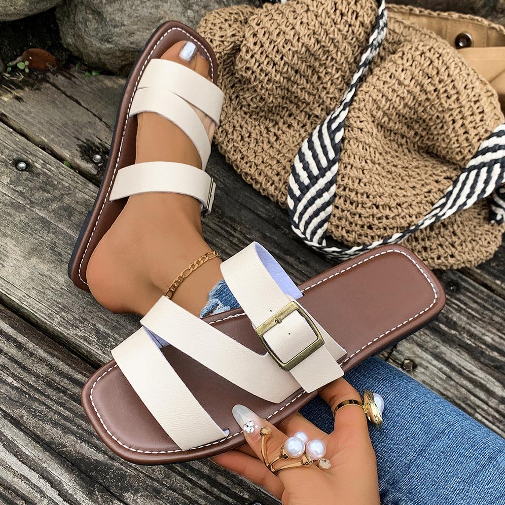 European and American foreign trade large size buckle flat bottom one-word shoes women's open-toed retro wind beach cool slippers 2025