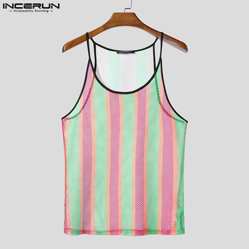 INCERUN Summer Men U Neck Sleeveless Striped Hollow Stitching Tank Tops