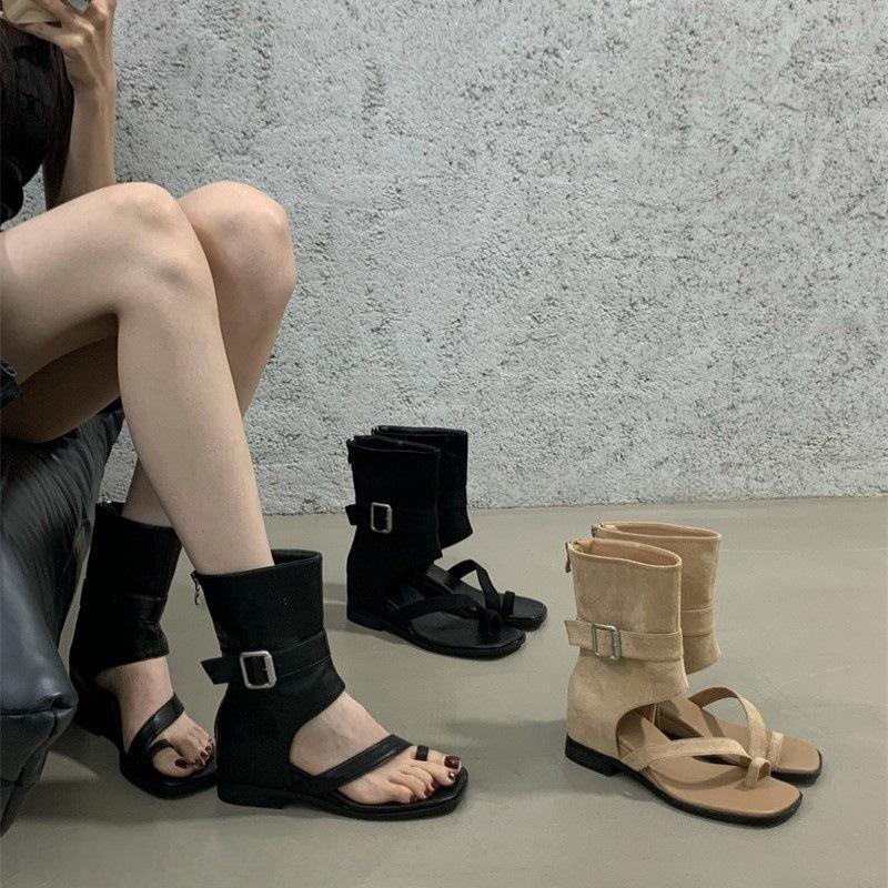 Set-toed Roman Cool Boots Women's Summer 2025 New Inner Height-increasing Boots Square Head High-top Short Tube Wedge Heel High Heel