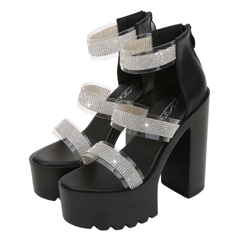 Fashion New 14.5CM Sky High Night Show Waterproof Platform Thick Bottom Diamond Thick Heel Runway Girls Dance Performance Sandals Black