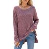 Women's Round Neck Long Sleeve Knit Top Loose Fit Commuter Style Brushed Ribbed Split Hem Casual Pullover Tunic Top