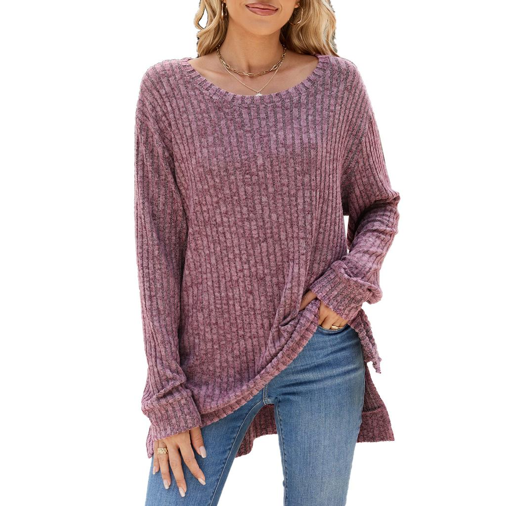 Women's Round Neck Long Sleeve Knit Top Loose Fit Commuter Style Brushed Ribbed Split Hem Casual Pullover Tunic Top