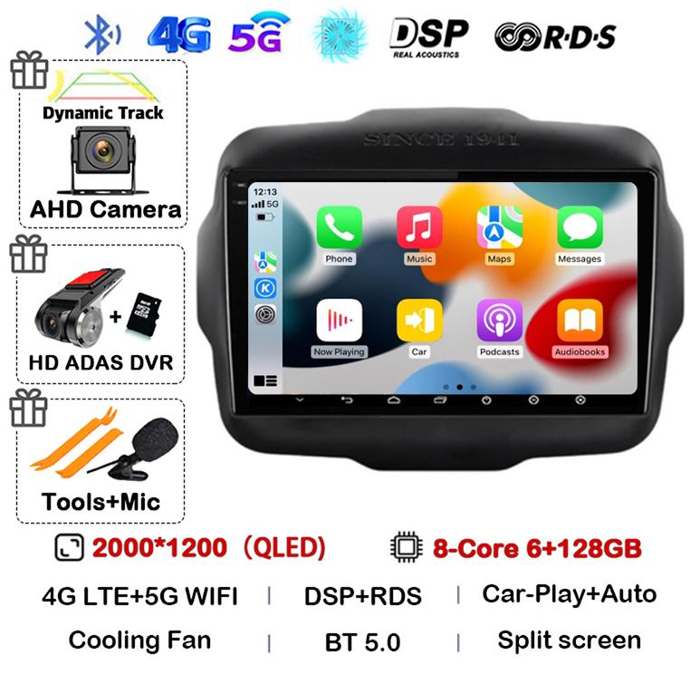Android 14 Auto Carplay WIFI+4G LTE Car Radio For Jeep Renegade 2016 2017 2018 2019 2020 Multimedia Player GPS Stereo 360 Camera