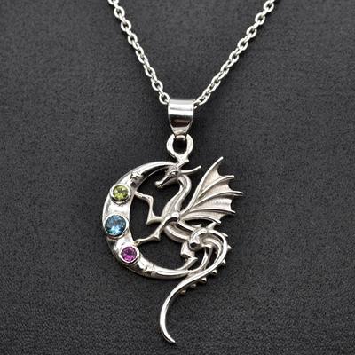 Peridot Amethyst Blue Topaz Gemstone 925 Sterling Silver Jewelry Dragon Pendant Necklace