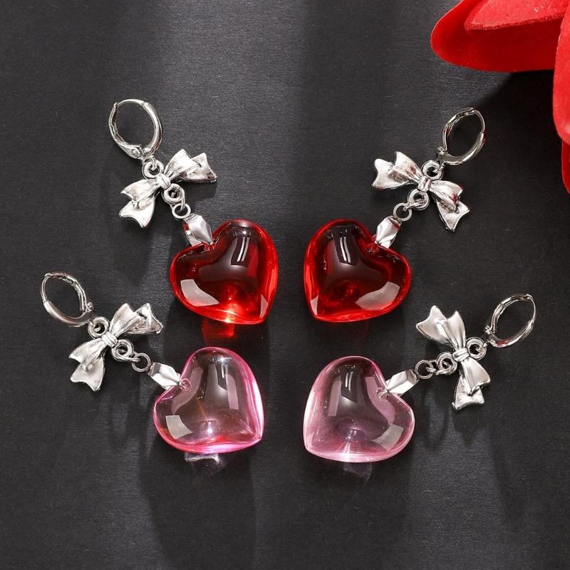 Sweet Cool Bowknot Earings Glass Love Heart Dangle Earrings Pendant Ear Rings Jewelry Punk Accessory for Women and Girls