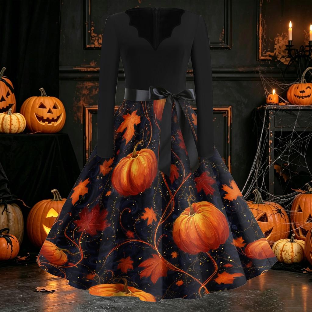Womens Casual Vintage Halloween Dress V Neck Long Sleeve Retro Ghost Print A Line Midi Dress with Waist Tie for Party