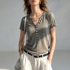 Stylish Henry Neck Linen Top Thin Light Transparent Lyocell Half Open Neck T-Shirt Women's Summer Commuter V-Neck Short Sleeve T-Shirt