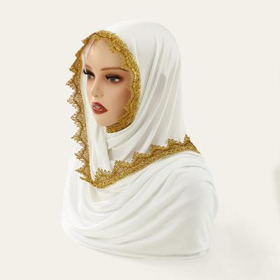Lace Embroidery Jersey Cotton Hijab Scarf For Muslim Women Solid Stretch Headscarf Shawl Wrap Shinny Headband Foulard Bandanas